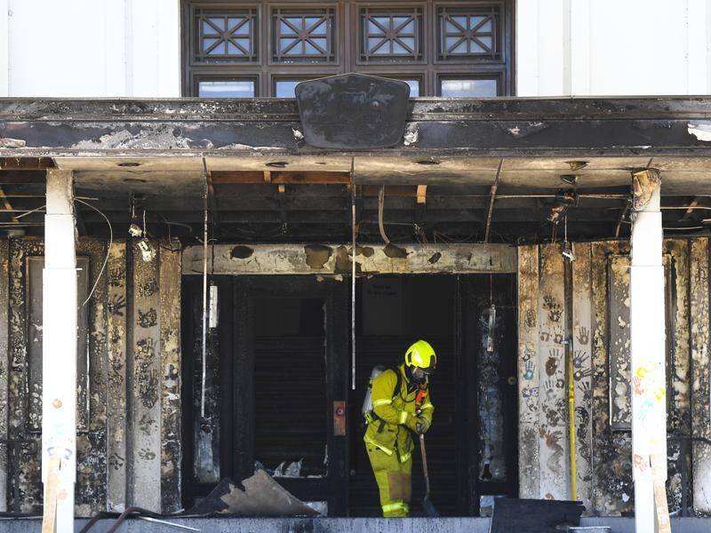 The 2021 fire destroyed the museum's portico and caused substantial damage to the entrance. (Lukas Coch/AAP PHOTOS)