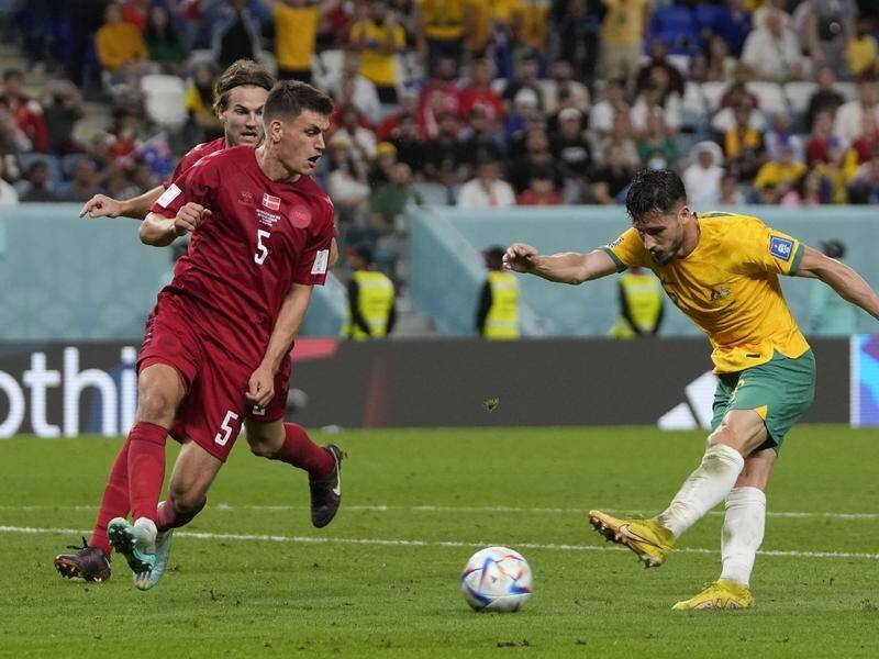 Mathew Leckie scores the goal that's sent Australia into the knock-out stages at the World Cup. (AP PHOTO)