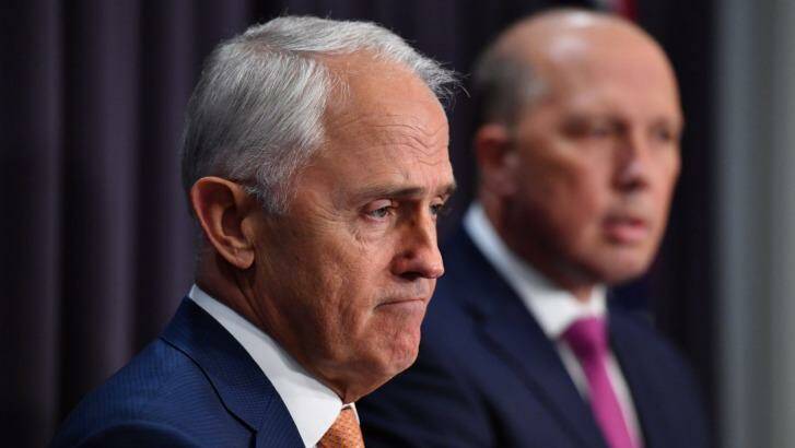 Prime Minister Malcolm Turnbull and Minister for Immigration Peter Dutton at a press conference in Canberra on Monday. Photo: Mick Tsikas