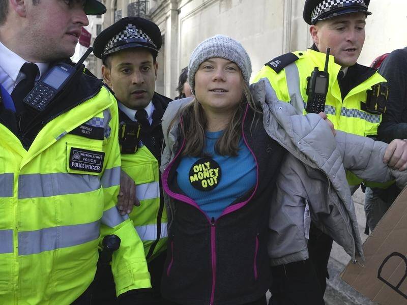 Environmental activist Greta Thunberg has been charged by police after an Oily Money Out protest. (AP PHOTO)