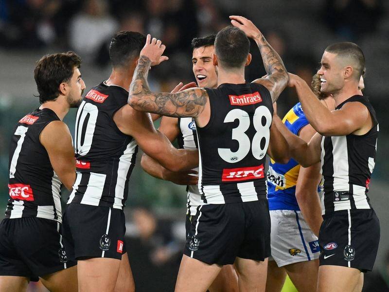 Nick Daicos (centre) has inspired the Magpies to a 66-point thumping of West Coast. (Morgan Hancock/AAP PHOTOS)