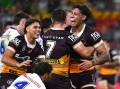 Brisbane fullback Reece Walsh (left) celebrates a try in the Broncos' 34-10 win over Canberra. (Jono Searle/AAP PHOTOS)