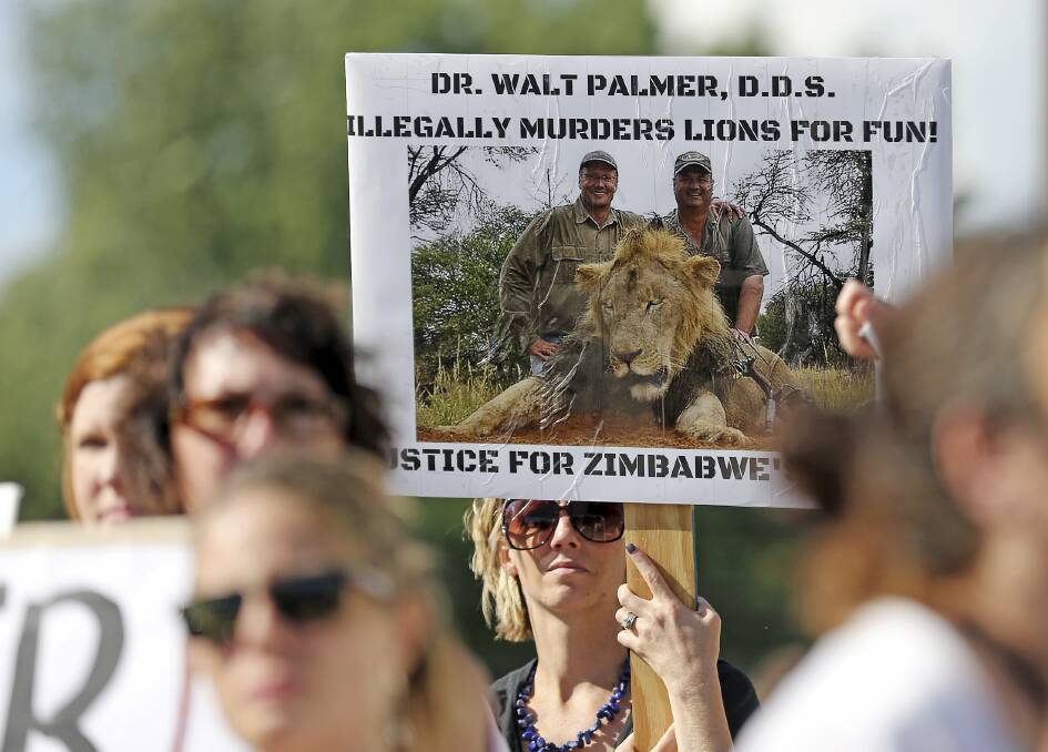 Protesters hold signs during a rally outside the dental clinic of Walter Palmer in Minnesota, US. Picture: Reuters