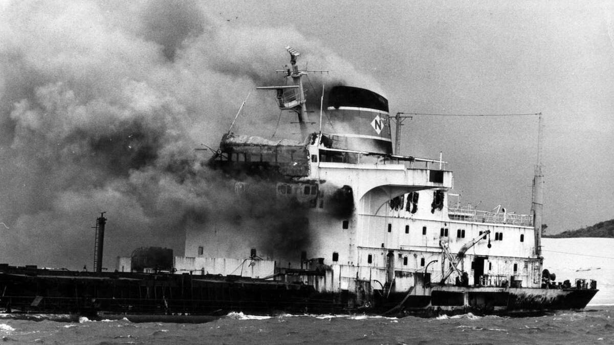 LEGENDARY: The Sygna on fire after being beached on May 26 1974.