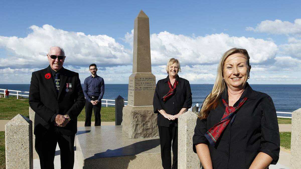  Newcastle City Choir will commemorate the ANZAC centenary in their concert 'For The Fallen'. Members s of the choir at the Bar Beach cenotaph. From left, Bill Hawkins, Callum Close, Leone Picton, and Jenny Schipp. Picture: Max Mason-Hubers