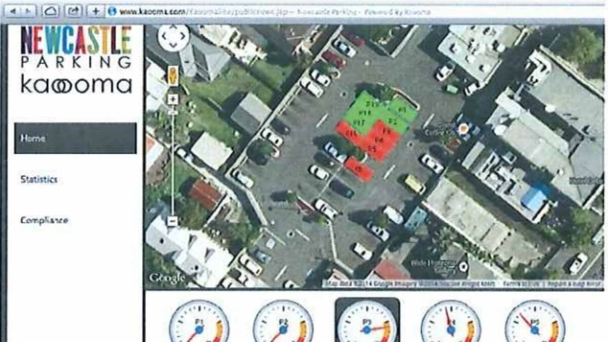 SENSORS: New technology trialled in Newcastle can help drivers find a park, with parking spaces shown in red or green to indicate availability.