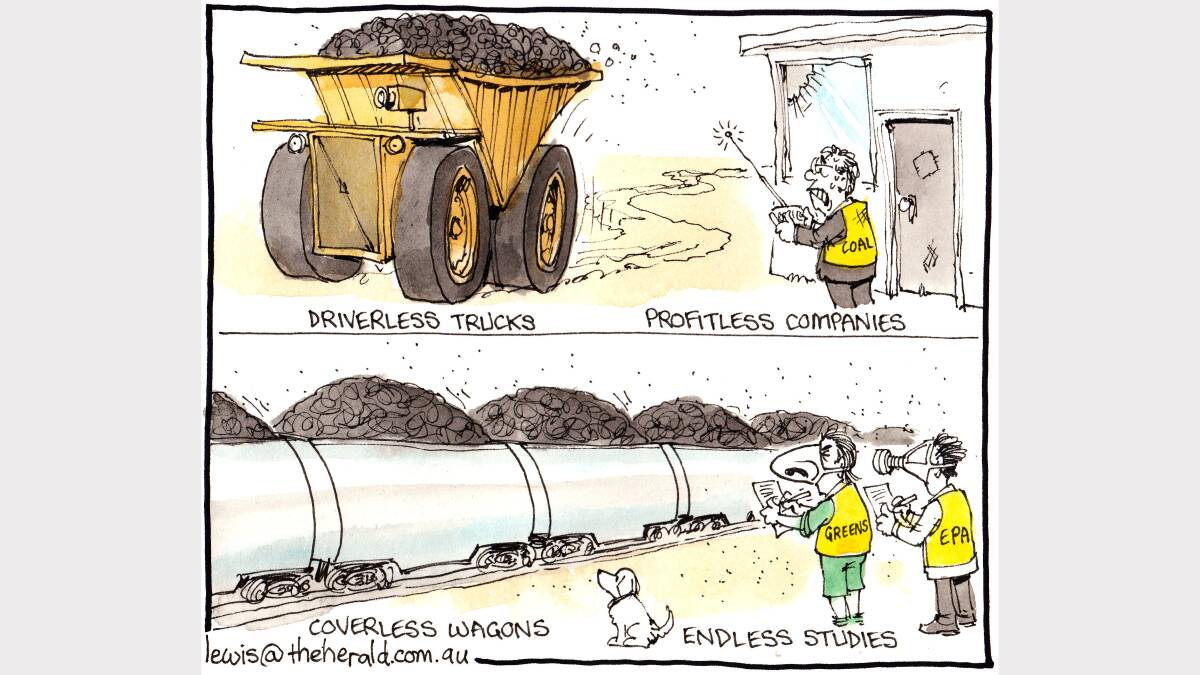 The coal industry introduces driverless trucks while the coal-wagon dust study is disputed. Cartoon by Peter Lewis