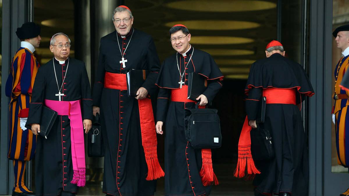 Archbishop of Sydney cardinal George Pell, second from left,  in Vatican City last week.  (Photo by Franco Origlia/Getty Images)