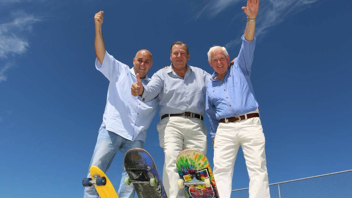 TIGHT CREW:  Ken Jordan with  Bob Baldwin and  Bruce MacKenzie at the opening of the Wallalong skate park last month. Picture: Stephen Wark