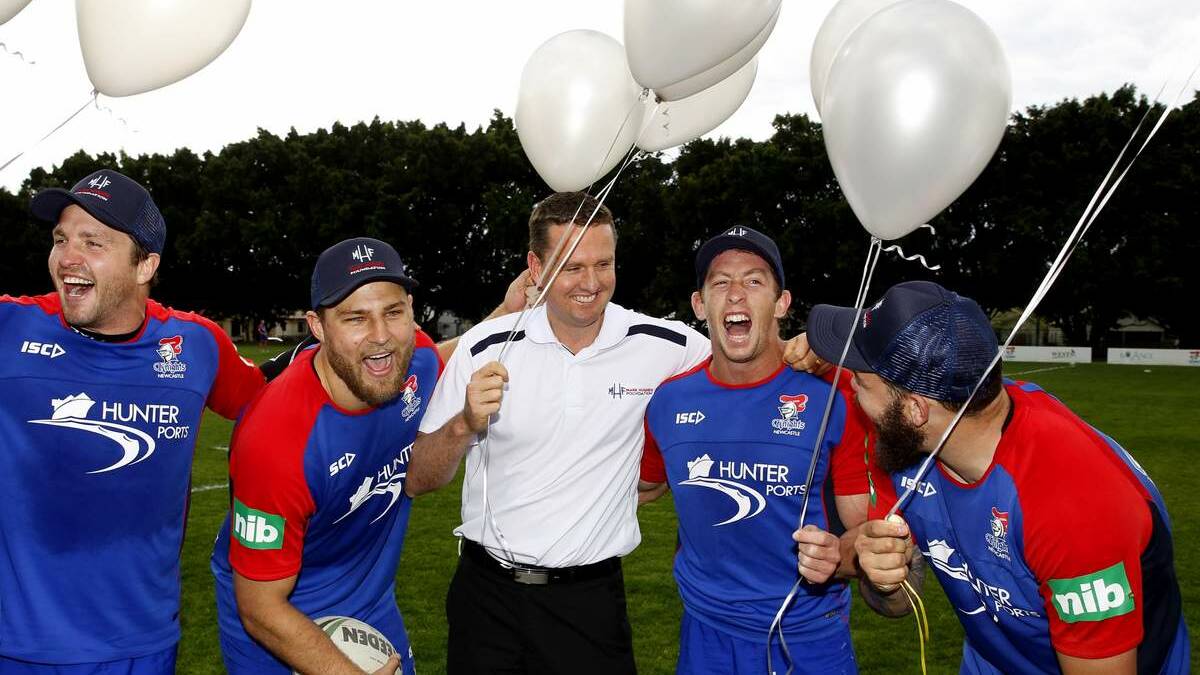From left, Knights players Clint Newton, Robbie Rochow, former player Mark Hughes, Kurt Gidley, and Adam Cuthbertson at the launch of the Mark Hughes Foundation Charity Week. Picture Jonathan Carroll 