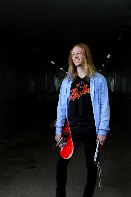 Patrick Jensen with his beloved skateboard. Picture:
Simone De Peak
