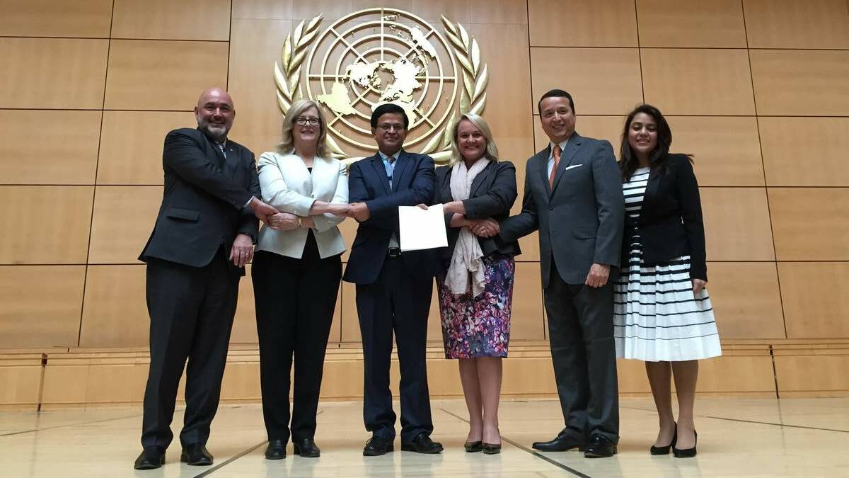 Newcastle university’s Caroline McMillen, second from left, United Nations assistant secretary-general Nikhil Seth, third from left, Nuatali Nelmes, fourth from left,  at the UN headquarters. Picture: Supplied
