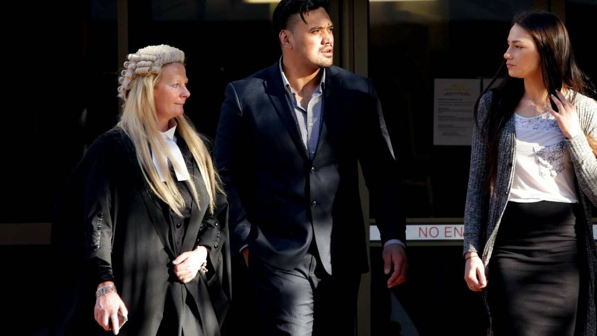 Former Newcastle Knight Zane Tetevano with current girlfriend Mikayla Bailey and barrister Julieanne Levick outside Newcastle court. Picture:
Simone De Peak