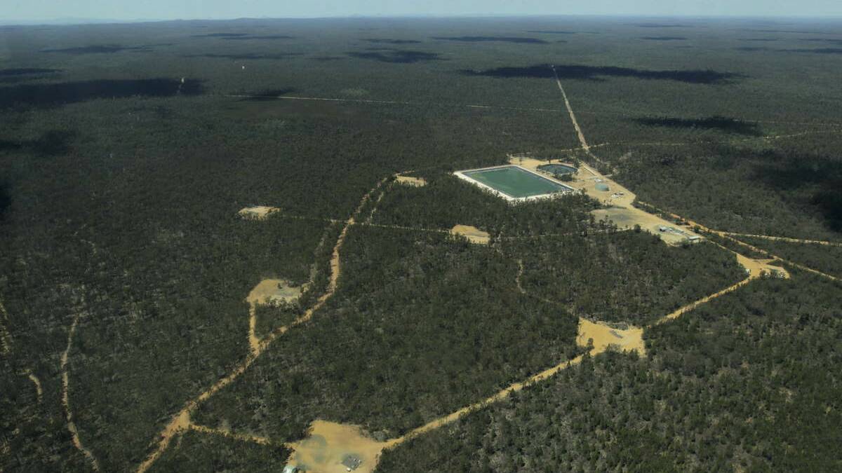 The Bibblewindi ponds in the Pilliga State Forest. They are storage ponds for super saline water and chemicals involved in the drilling process for coal seam gas that are part of Santos's Narrabri project. Picture: Dean Sewell 
