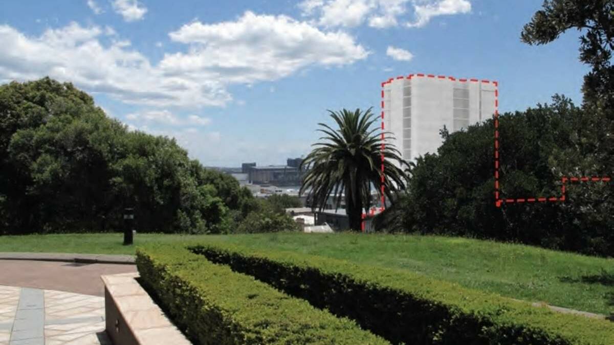 VIEW FROM CATHEDRAL: Left, the potential impact of development as seen from the  gardens and water features within the grounds of the Christ Church Cathedral. 