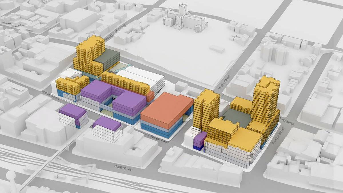 An artist's impression of the plan. Yellow represents residential development and purple is commercial space. Pic: SJB Architects