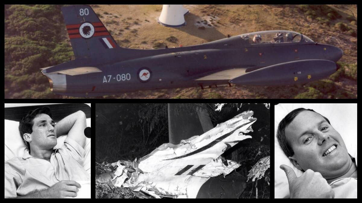 TOP: The Italian designed twin seat Macchi MB-326H was the RAAF's jet trainer before the current BAE Hawk. Bottom left, Flight Lieutenant Brendan Heslin, 25,  after his ejection; centre, part of the wreckage at the Macchi crash site; right,  30-year-old flight Flight Lieutenant Dennis Hume after the crash.  