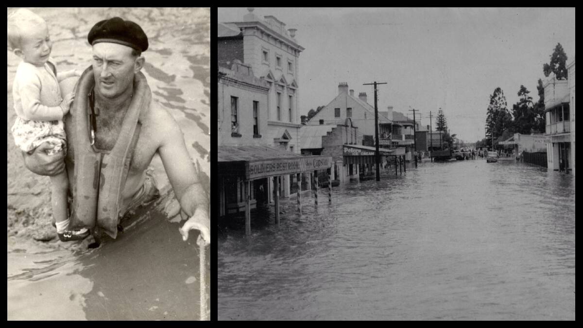 RESCUE: Constable Jim Bell, left,  carries a screaming child from floodwater in Singleton, right,  in 1955.   Picture: Ron Morrison