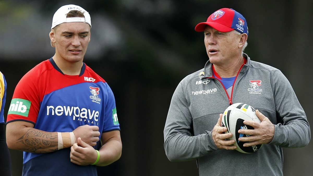 Hooker Daniel Levi and Knights coach Rick Stone at training last week. Picture: Max Mason-Hubers 