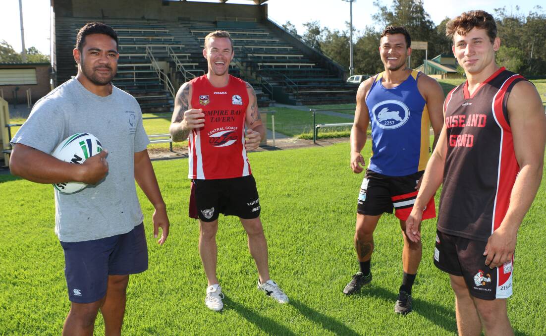 NEW CREW: Among the Macquarie Scorpions recruits for 2015 are, from left, Teason Faavae Eli (centre), Jarred Flack (winger), Tim Bovis (five-eight) and Mitch Manson (fullback). Picture: Jamieson Murphy
