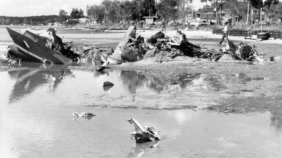 Wreckage of the crashed Mirage near Peace Avenue, Tanilba Bay in May 1980.
