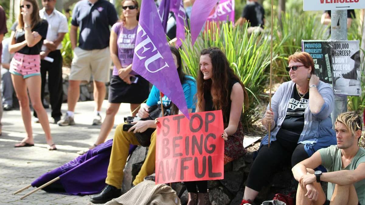 University of Newcastle students & teachers rallied at UoN Callaghan campus in protest against proposed deregulation of university fees. Pic Max Mason-Hubers
