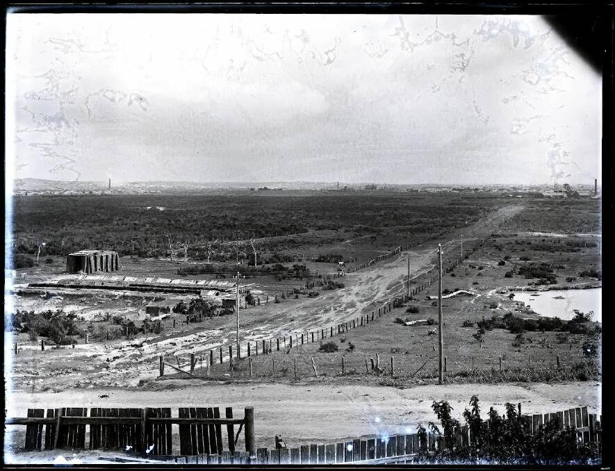 The sandy track that became Beaumont Street, 1897; looking north from what is now Glebe Road. (Australian Agricultural Company field near Glebe Hill, NSW, 16 November 1897; photograph by Ralph Snowball, part of the Norm Barney Photographic Collection, courtesy of Cultural Collections, University of Newcastle, Australia)
