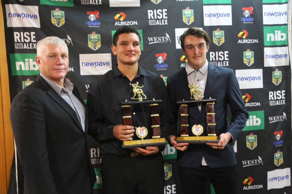 Knights NRL head coach Rick Stone (left) with joint winners of Harold Matthews Player of the Year award Matt Croker (middle) and Tex Hoy (right).
