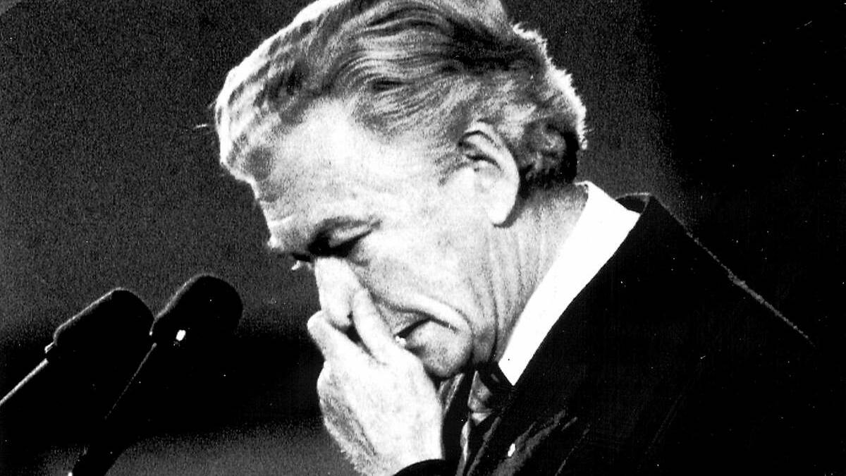 TRAGEDY: Bob Hawke cries at the memorial at Parliament House, six days after the Tiananmen Square massacre.