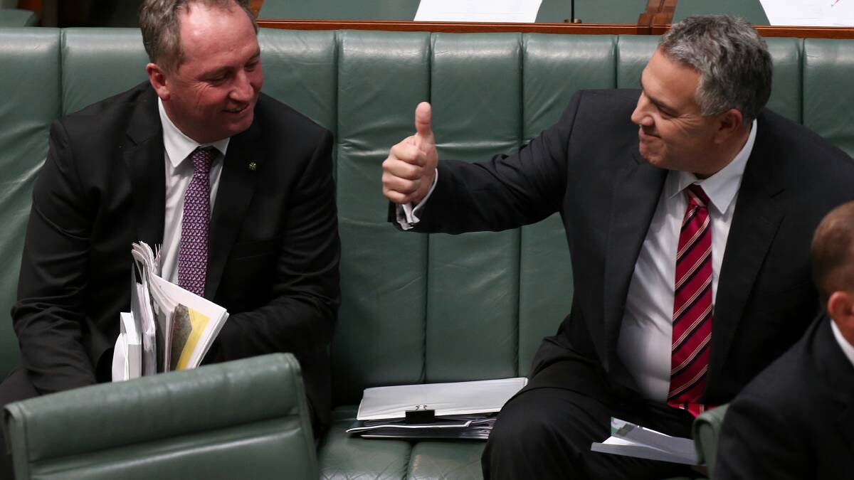Agriculture Minister Barnaby Joyce and Treasurer Joe Hockey during question time on Thursday. Pic: Alex Ellinghausen