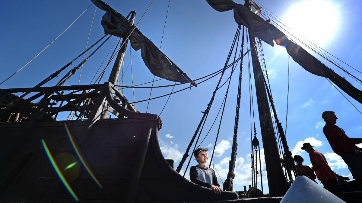 William Kilby 9yrs of Toronto, on the pirate ship, Notorious, which is a recreation of a 1480's caravel, researched, designed and constructed by Graeme Wylie. Pic: Marina Neil