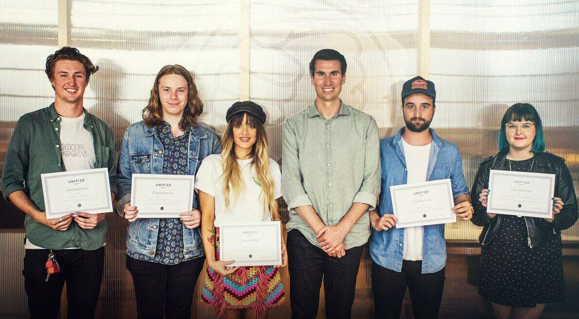 YOUNG BLOOD: Andrew Brassington (second from left) was one of five young entrepreneurs working in the music industry to receive $5,000 from the Unified Grant in Victoria.