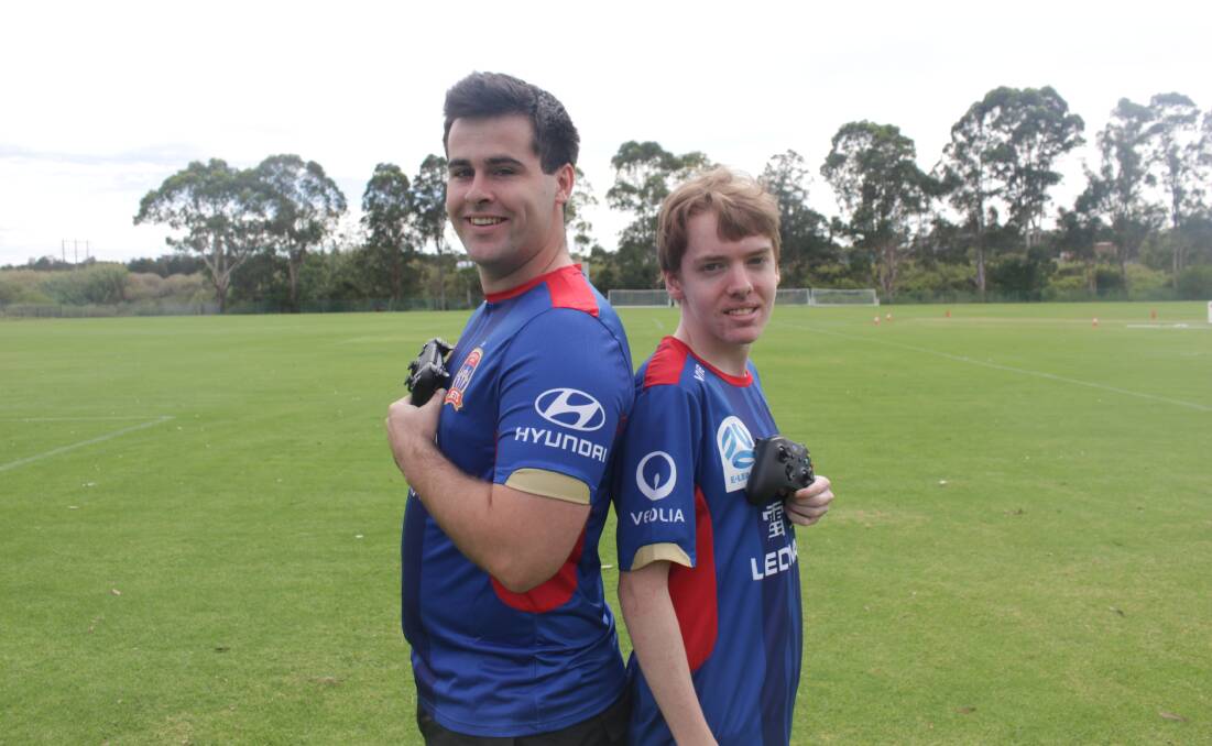 NEW FRONTIER: Wallsend's Bohdan Ling  (DLFifa) and Cessnock's Dane Crow (Bossierhickory8) are taking the world game online with the inaugural E-League. Picture: Matt Townsend.