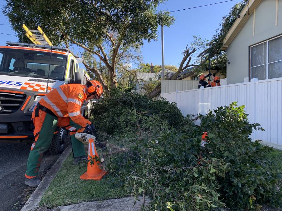 SES at work in Myola Street, Mayfield on Tuesday morning. Picture: Simone De Peak