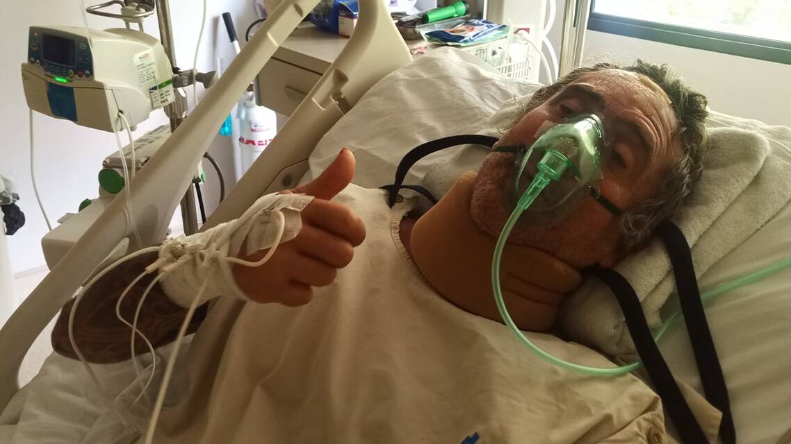 In care: Neil Goldsmith in hospital after the motorbike crash in Indonesia earlier this month.