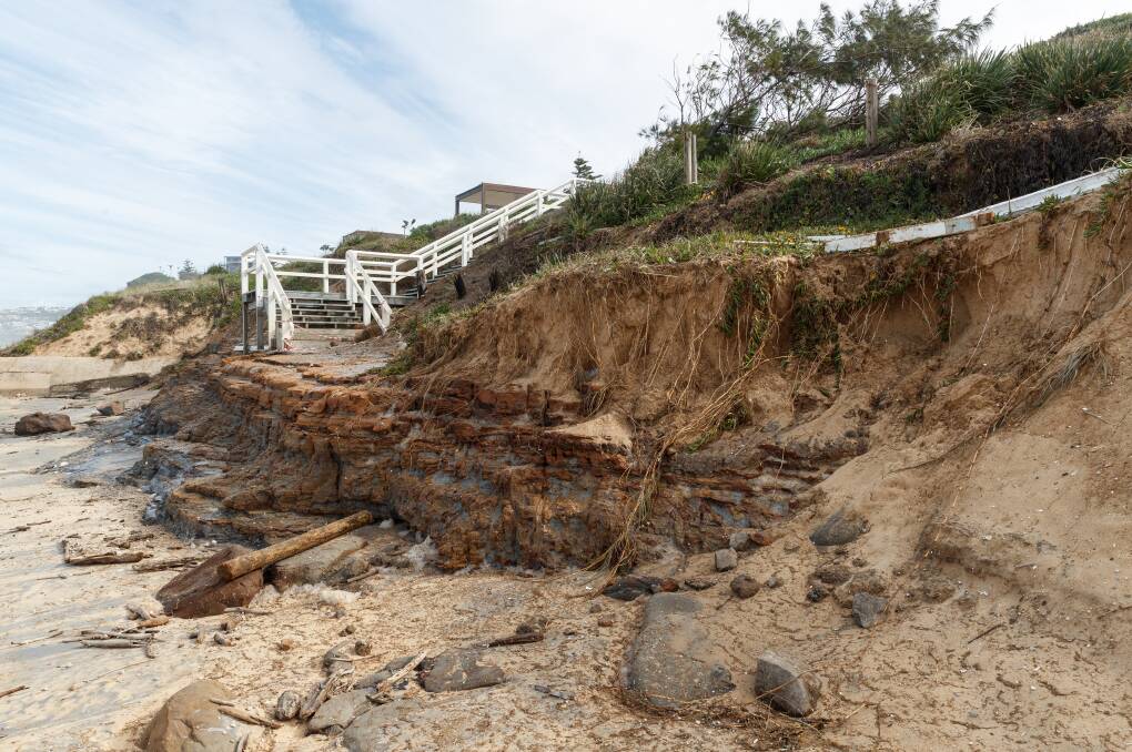 Coastal conditions and erosion at Bar Beach on Monday. Pictures: Max Mason-Hubers