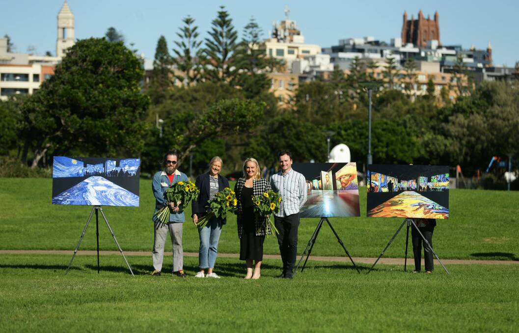 Coup for city:Artist James Drinkwater, City Business Improvement Association chairperson Kendall Brooks, lord mayor Nuatali Nelmes and City of Newcastle New Annual senior producer and curator Adrian Burnett at Foreshore Park. Picture: Jonathan Carroll