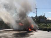 The motorhome alight at Tarro on Thursday afternoon.