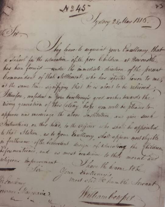 Precious: A letter from William Cowper to Governor Macquarie establishing the school in 1816.