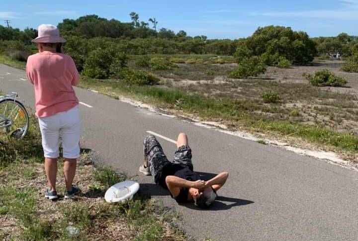 Down: Pedestrian Joanne on the shared path at Lake Macquarie after she was involved in a collision with a cyclist on Easter Sunday.