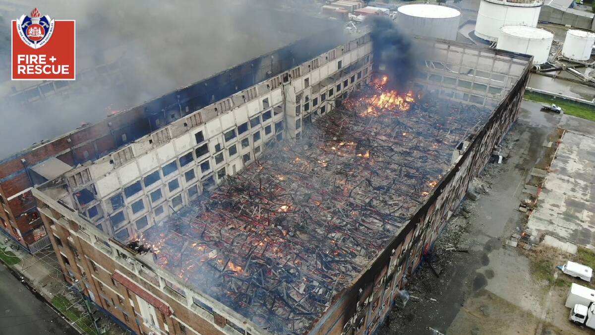 Drone footage of the shell of one of the buildings as it continued to burn on Wednesday. Picture: Fire and Rescue NSW