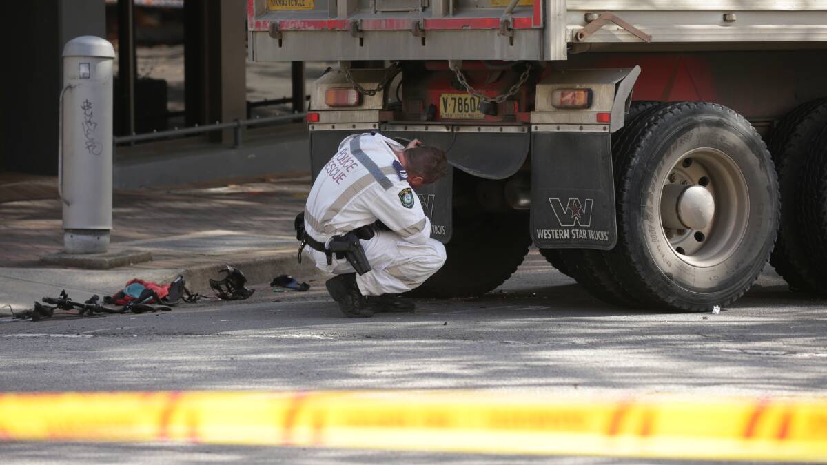 The scene of a fatal crash between a cyclist and a truck at the intersection of King and Perkins streets on March 20. Pictures: Simone De Peak