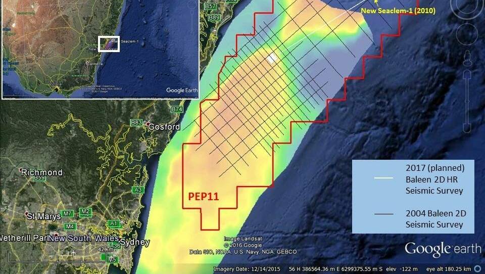 A satellite image of PEP11, off the coast of Newcastle, where seismic testing is proposed as part of gas exploration.