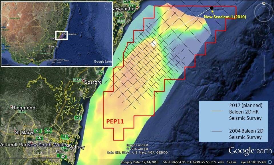 A satellite image of PEP11, off the coast of Newcastle, where seismic testing will take place as part of gas exploration.