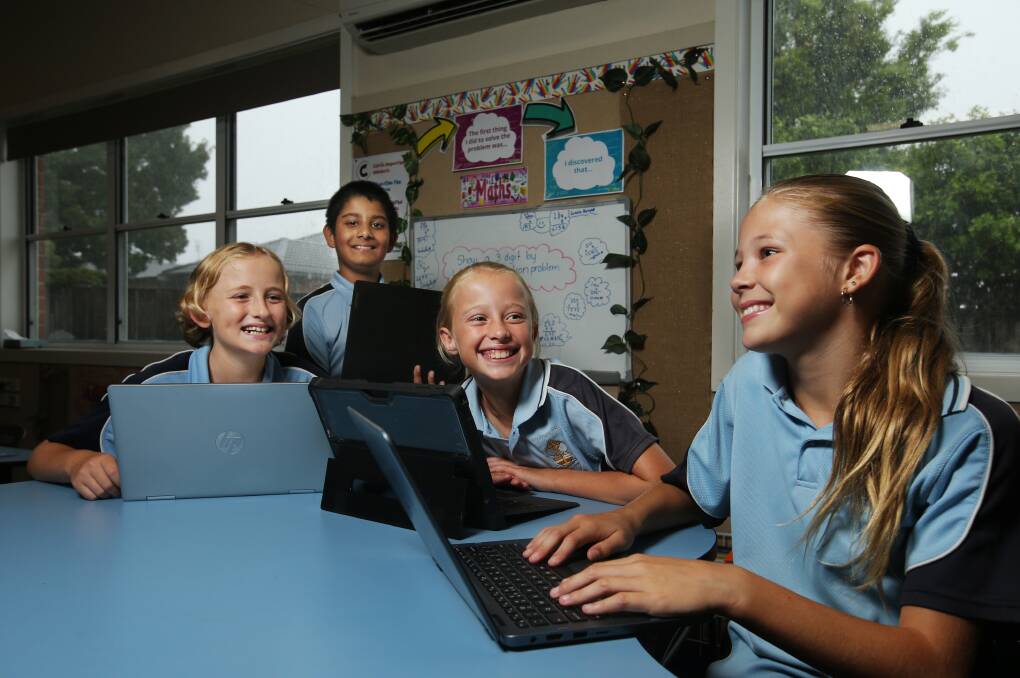 St Columba's Primary School Adamstown Year 5 students Fynn Bryant, Parth Pandey, Grace Kemp and Stella Watson will take part in NAPLAN. Picture by Simone De Peak