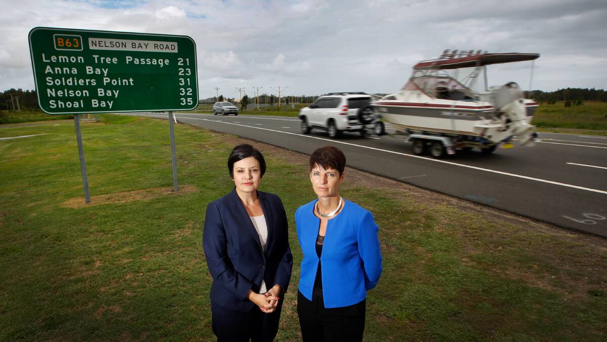 Not happy: Labor's roads spokesperson Jodi McKay with Port Stephens MP, and opposition spokesperson for the Hunter, Kate Washington. They says the NSW government has backflipped on its 2015 election commitment to spend $70 million duplicating Nelson Bay Road between 2015 and 2019. Picture: Marina Neil