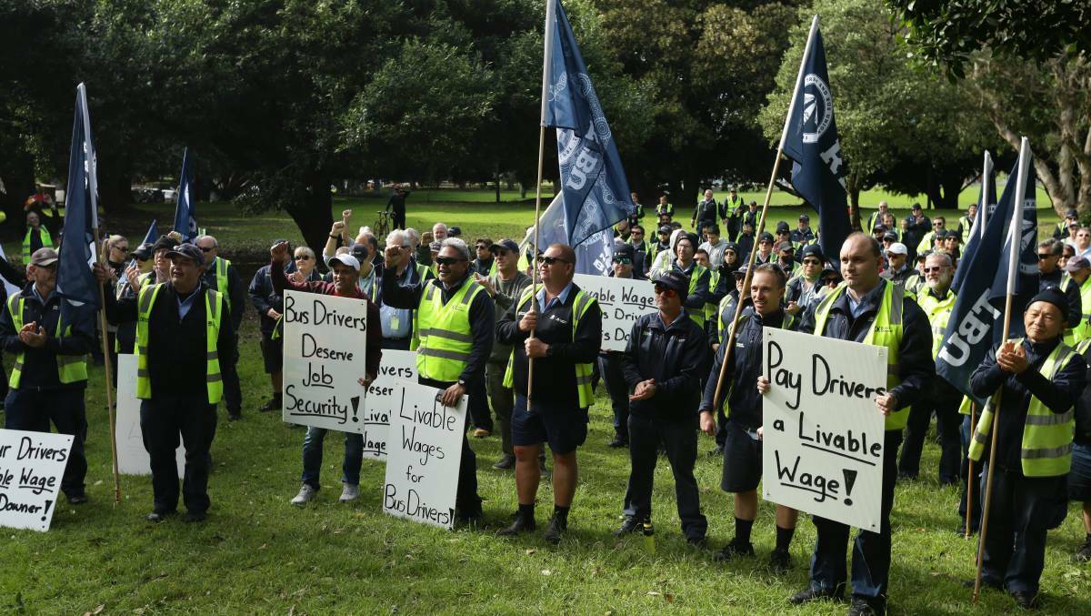 Bus drivers protest in Newcastle earlier this month. Picture: Jonathan Carroll