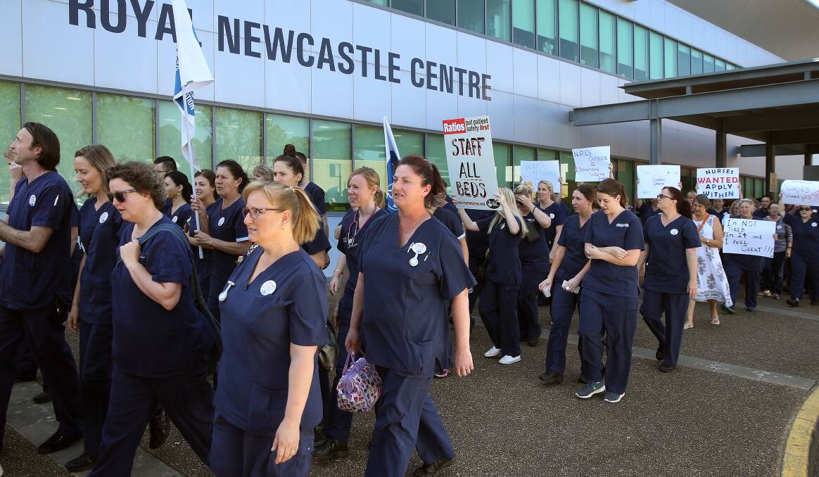 Nurses and midwives from John Hunter Hospital voice their concerns about staffing levels. Pictures: Marina Neil