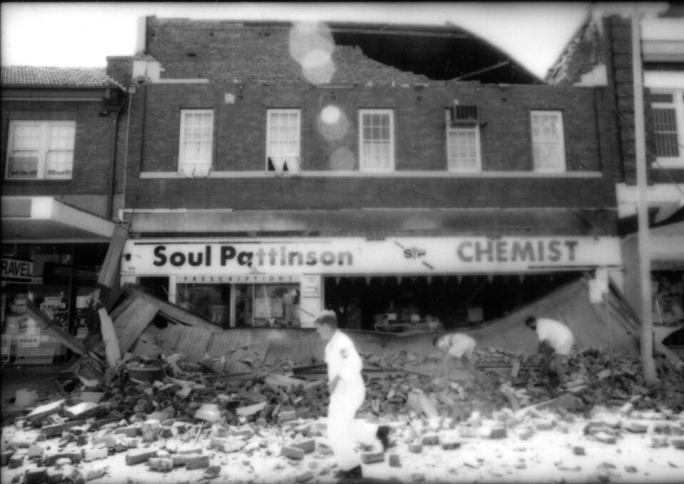 WAR ZONE: The Soul Pattinson chemist in Beaumont Street, just minutes after the earthquake struck the north-south running street from the west, maximising the damage to shop fronts. Picture: Peter Stoop