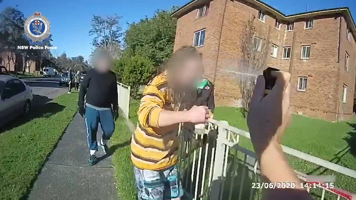 Won't cop it: A man is capsicum sprayed after aggressively intervening in the arrest of a man who approached police brandishing a carving knife at Hamilton South in June.
